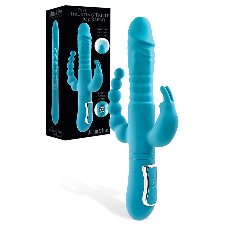 G117204600 Adam & Eve THRUSTING TRIPLE JOY RABBIT - Teal 25.4 cm USB Rechargeable Rabbit Vibrator with Anal Probe - Image 1