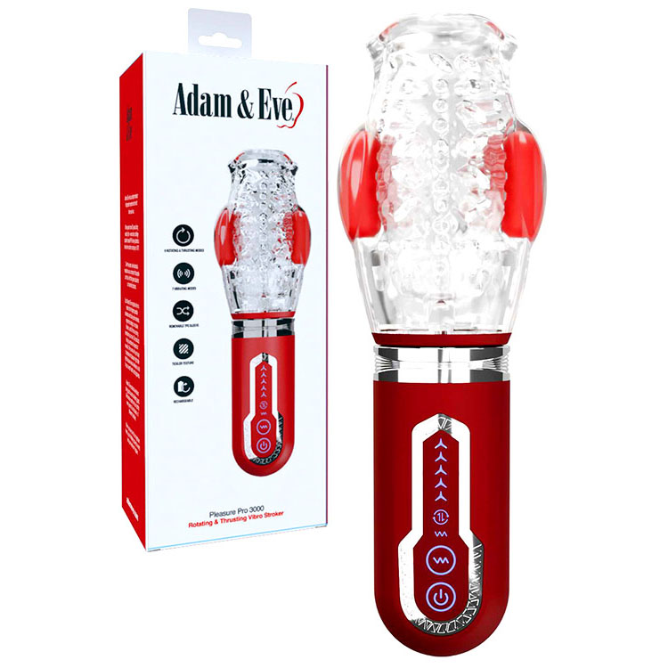 L432206000 Adam & Eve PLEASURE PRO 3000 - Clear/Red USB Rechargeable Thrusting & Rotating Auto Stroker - Image 1
