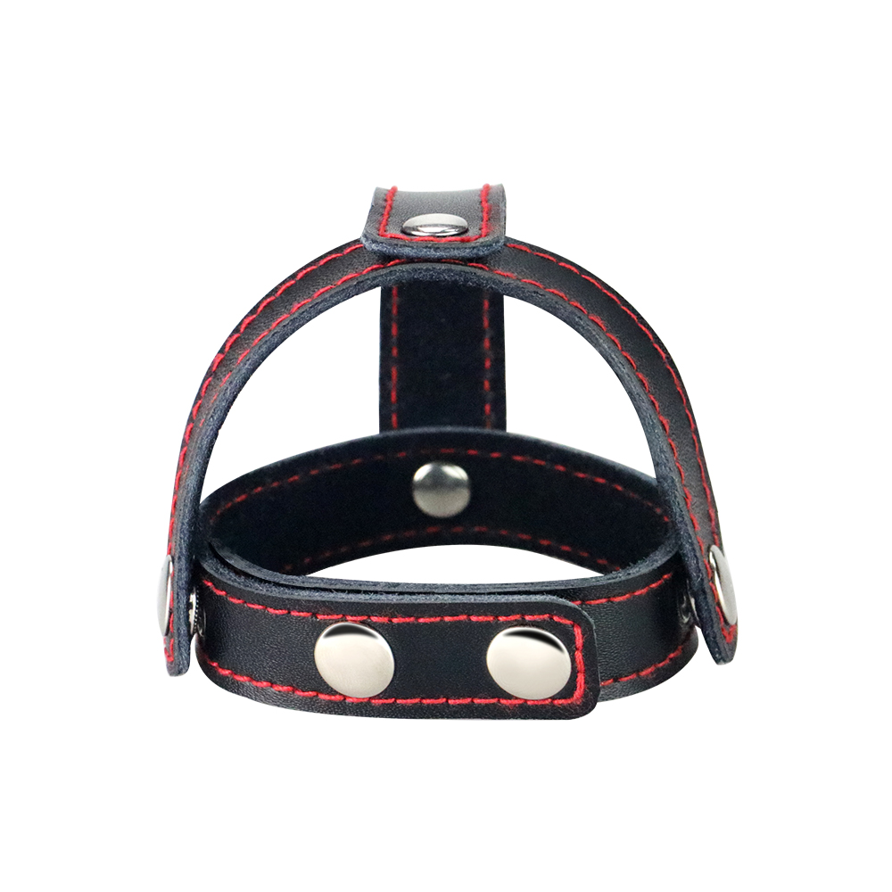 Bondage Fetish T-Style Leather Cock Ring with Ball Divider - Black Cock Ring - Image 3