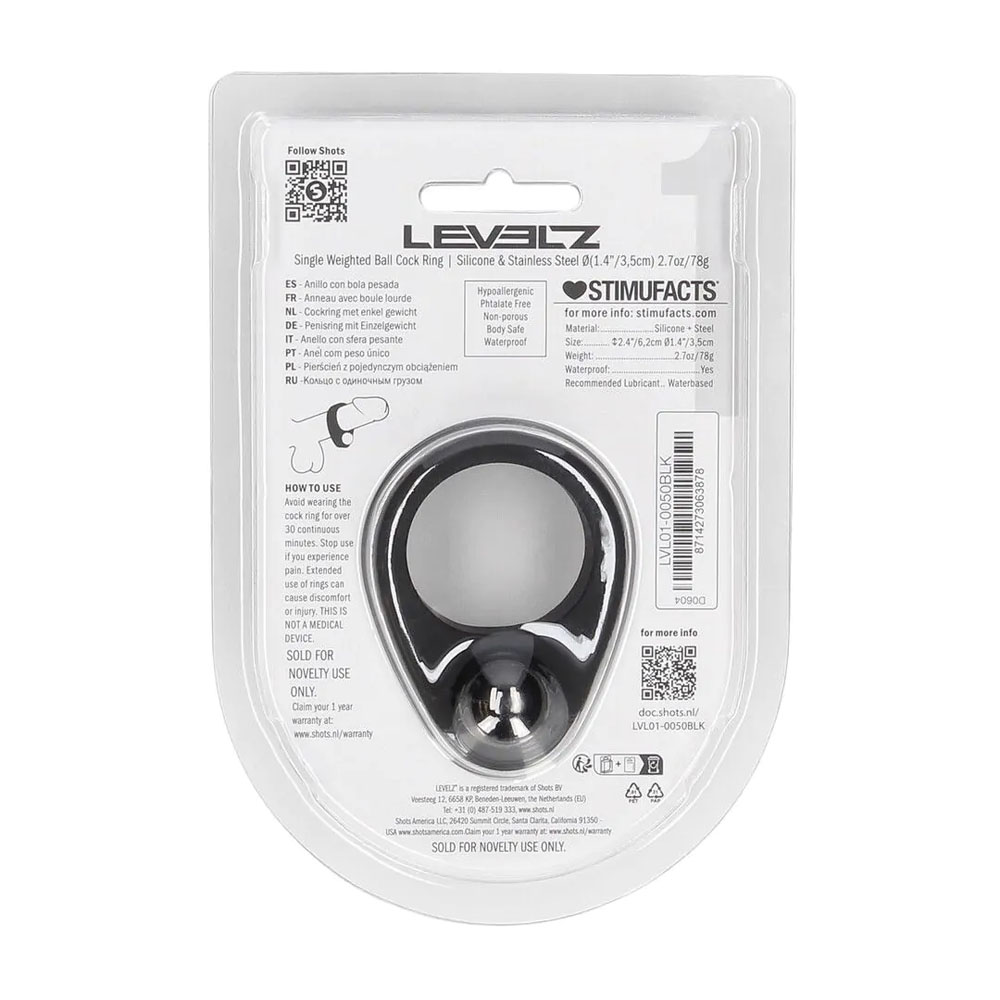LEVELZ Single Weighted Ball Cock Ring - Black - Black Weighted Cock Ring - Image 7