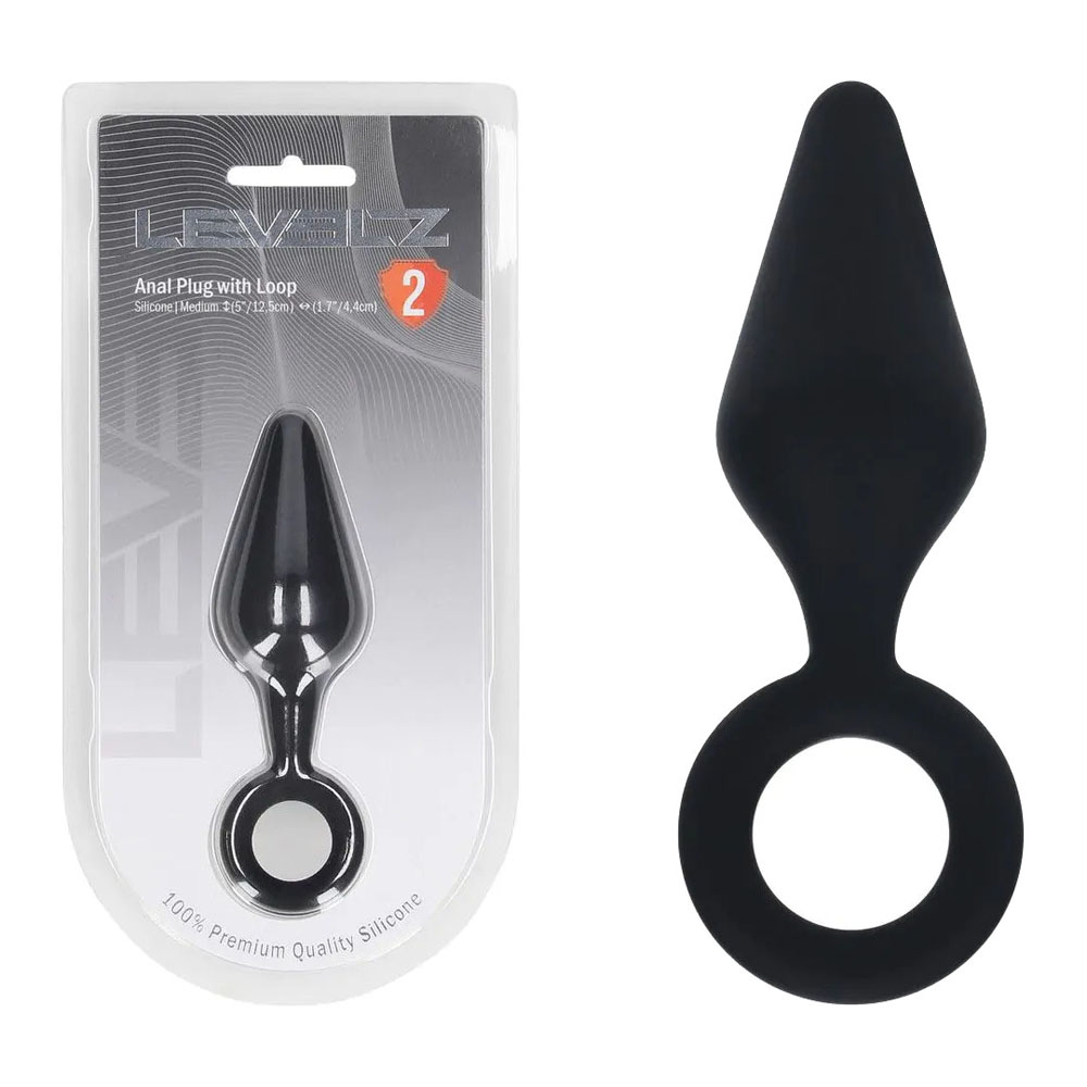 lvl02-0007blk LEVELZ Silicone Anal Plug with Loop - Medium - Black