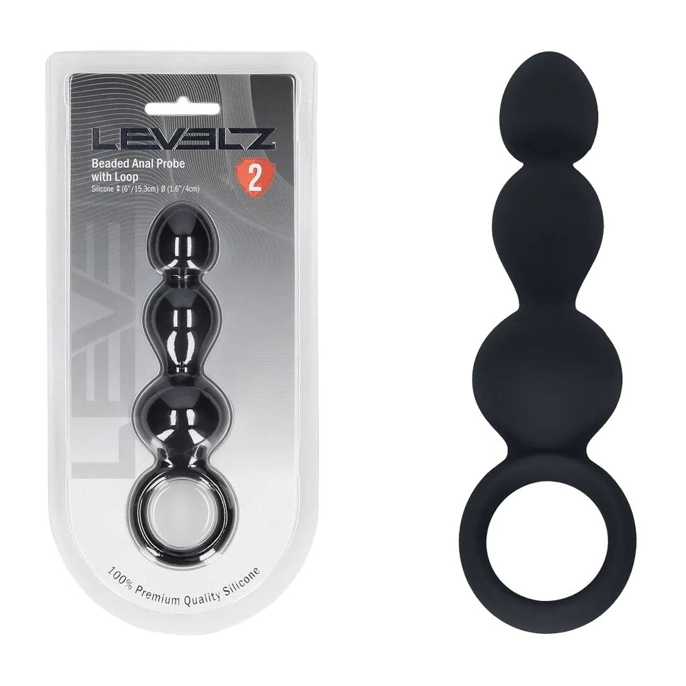 lvl02-0028blk-1 LEVELZ Beaded Silicone Anal Probe with Loop