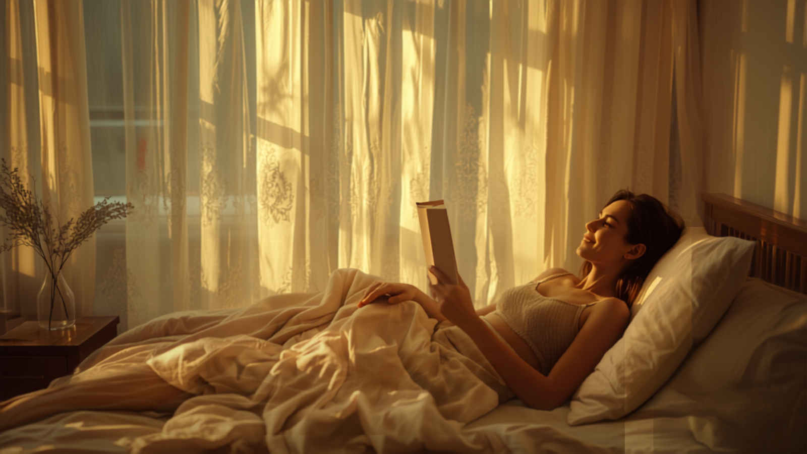Woman relaxing comfortably in bed reading in warm afternoon light