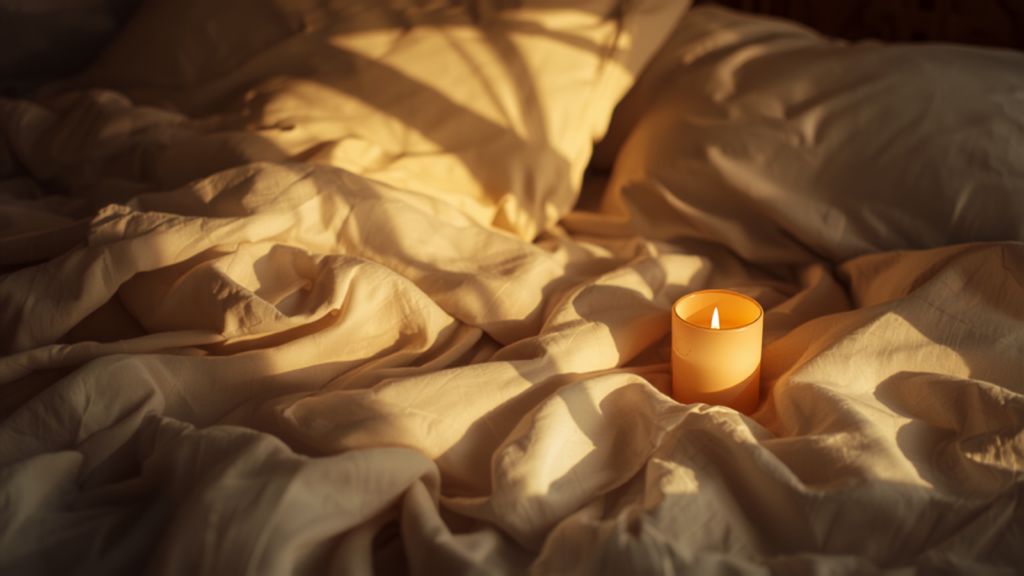Warm, cozy bedroom nightstand scene with a lit candle