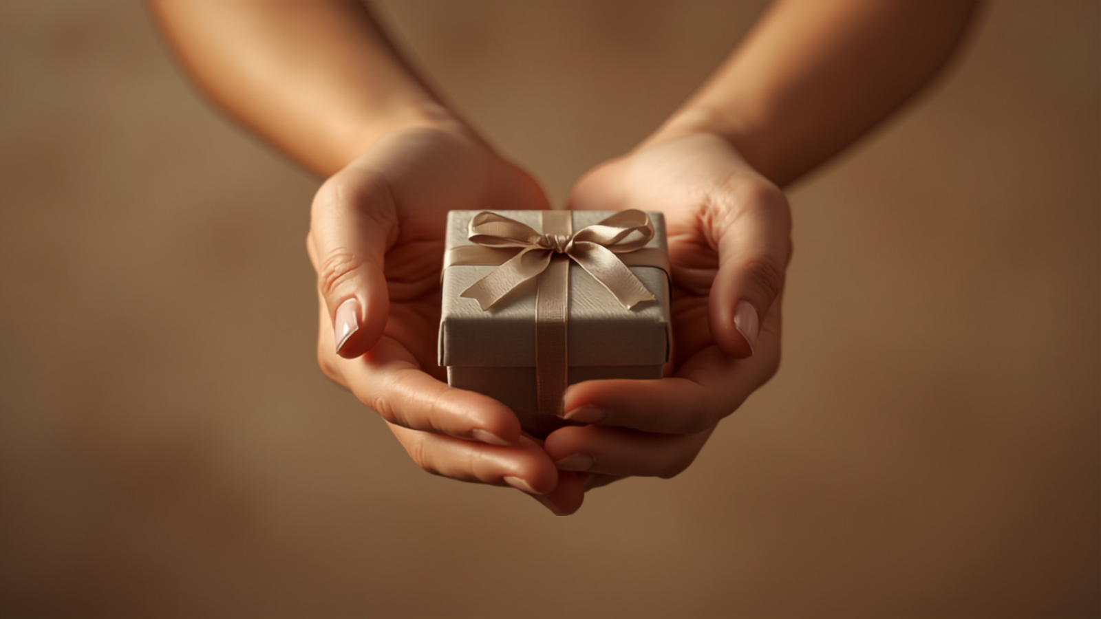 Hands gently cradling a small wrapped gift box, discovery and gifting concept