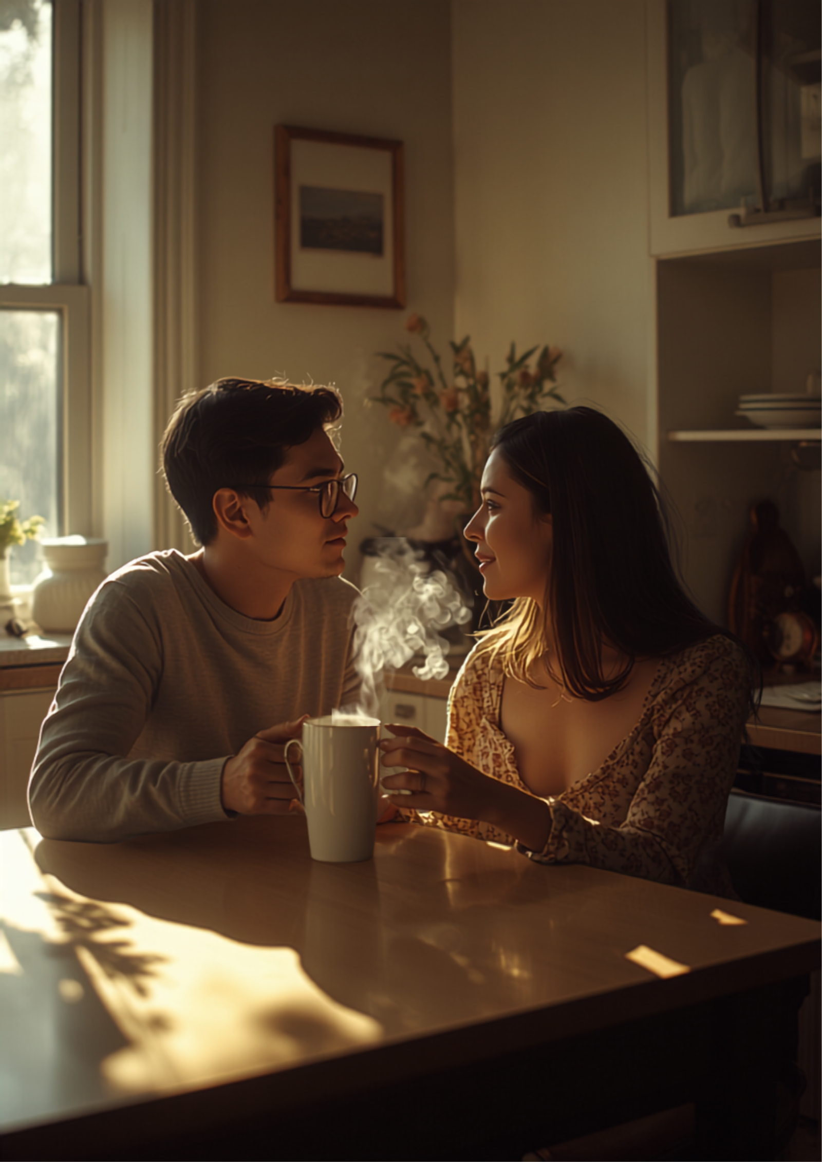 Couple having an open conversation over coffee in morning light