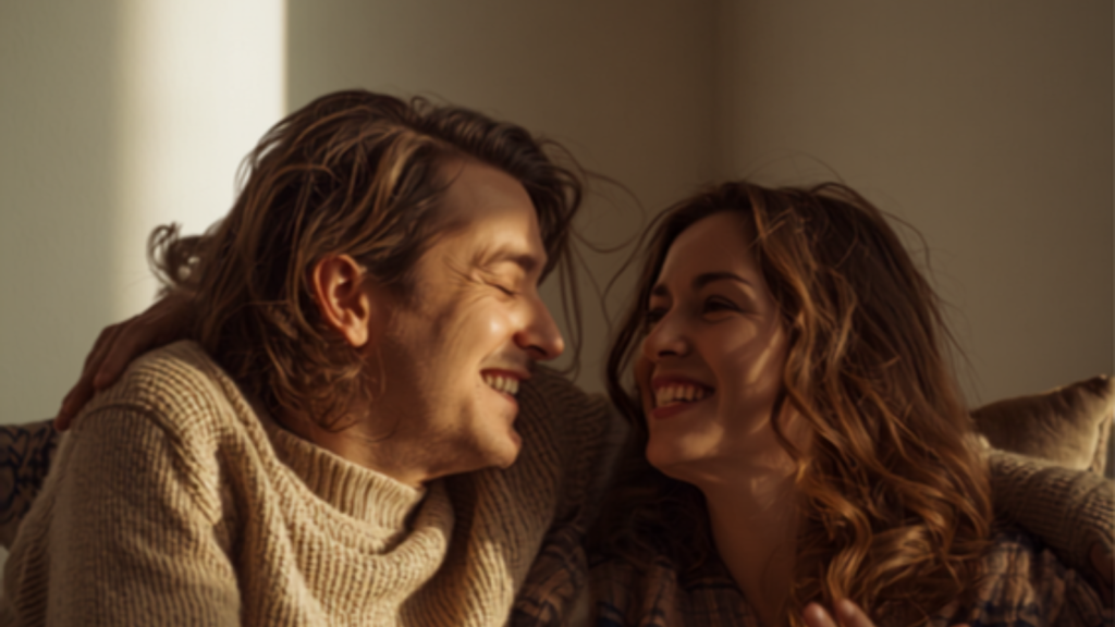 Couple laughing together warmly on a couch