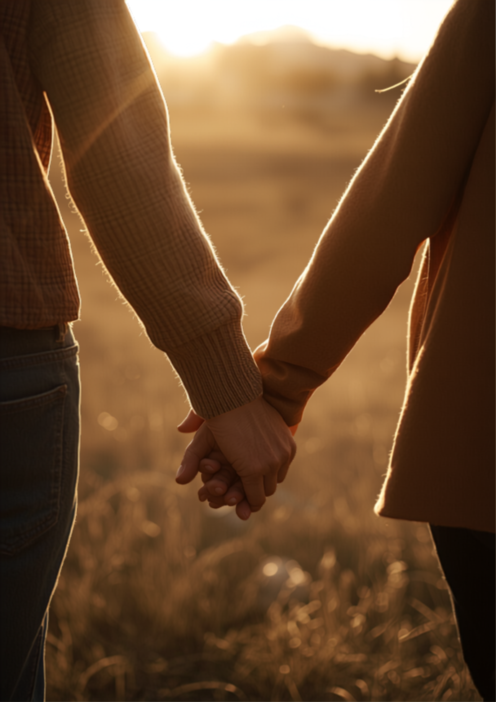 Couple holding hands walking together outdoors at golden hour