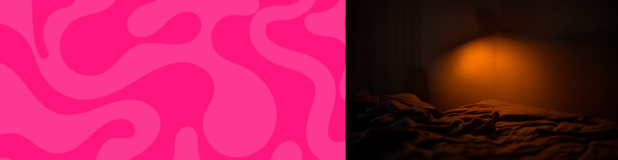 Hot pink brand swirl pattern beside a warm moody photo of a bedroom nightstand at dusk