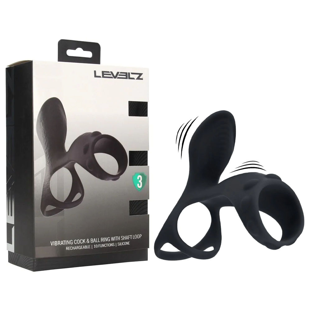 LVL03-0031BLK LEVELZ Vibrating Cock & Ball Ring with Shaft Loop - Black USB Rechargeable Vibrating Cock & Ball Rings - Image 1